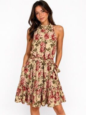 SHEIN Floral Halter Elastic Waist w/Tie Ruffle Hem Dress in Beige and Rose